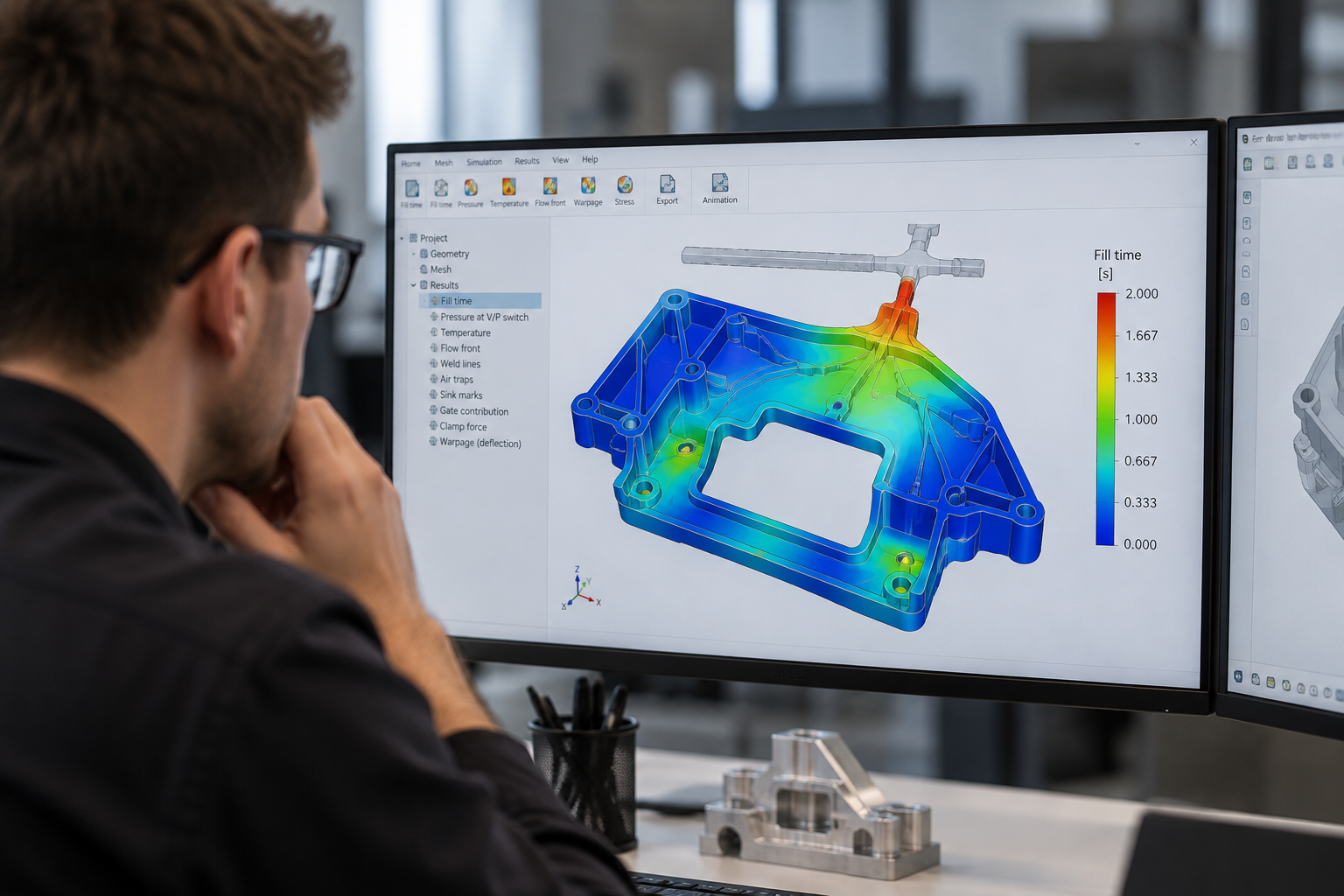 Engineer reviewing a colour-mapped simulation plot on a large monitor